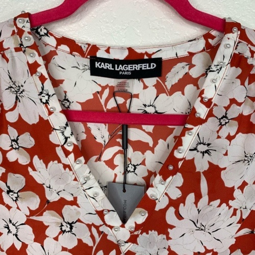 Karl Lagerfeld Floral Print Pearl V-neck Top SizeS - Picture 6 of 7